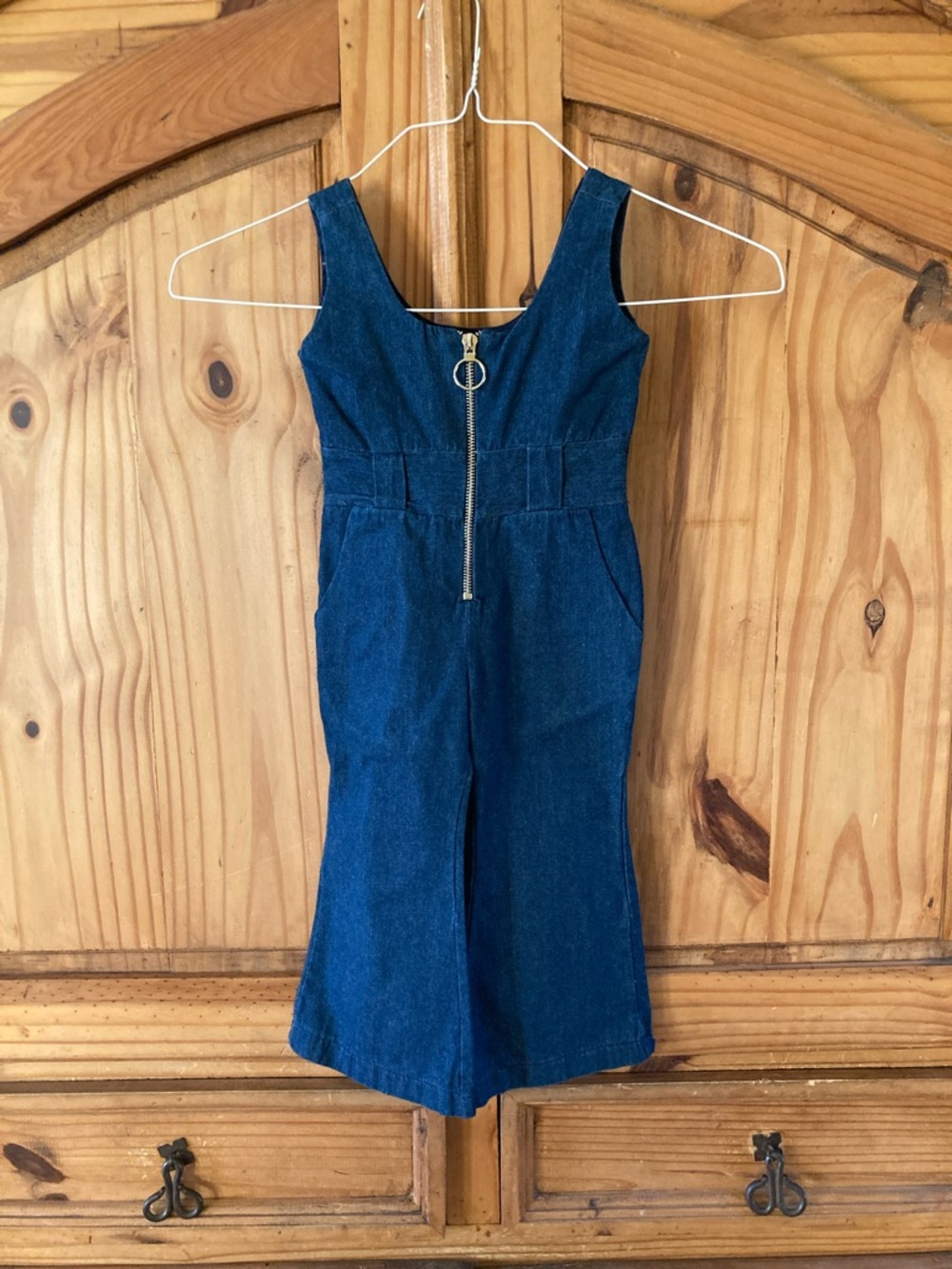 Little James blue jean sleeveless bell bottom romper size 18-24 months